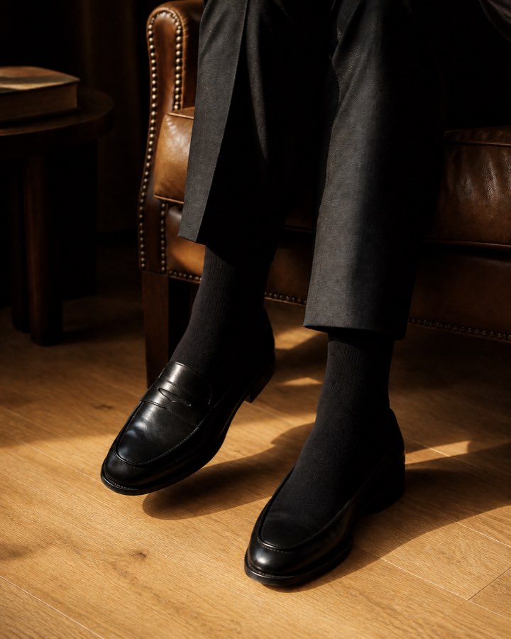 Black Fred.B socks styled with black shoes on a light oak floor