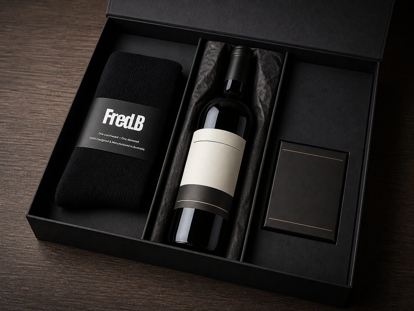 Dark Fred.B gift concept with black socks, wine and chocolates